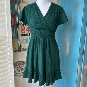 Altar’d State Green V-Neck Clip Dot Dress